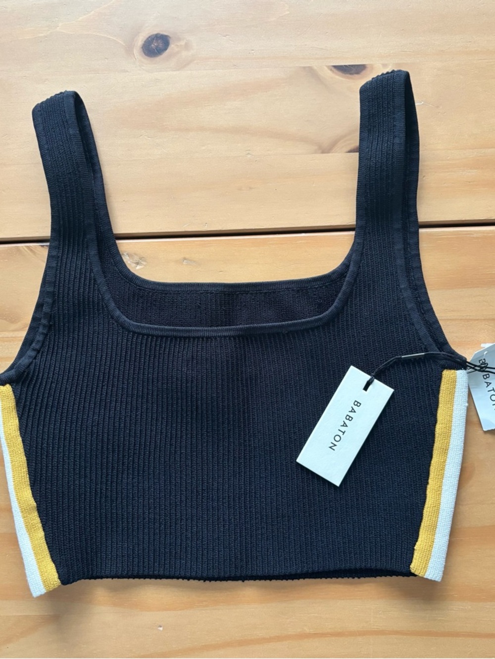 Babaton Black Ribbed Crop Tank with Yellow & White Side Stripes